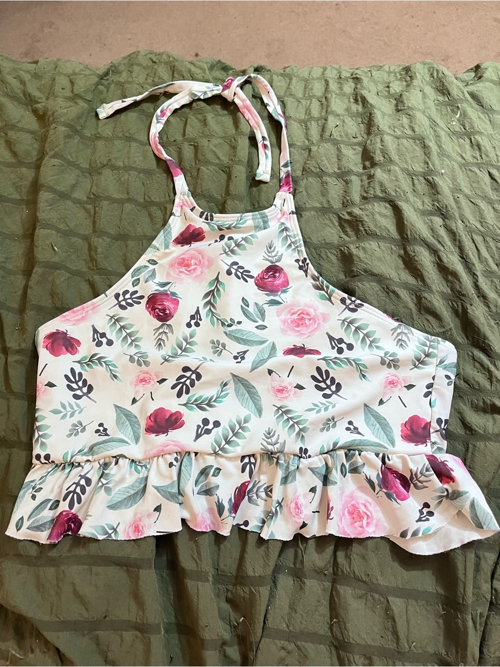 Ashley Smith Amazon Medium White Floral Ruffle Halter Bikini Top